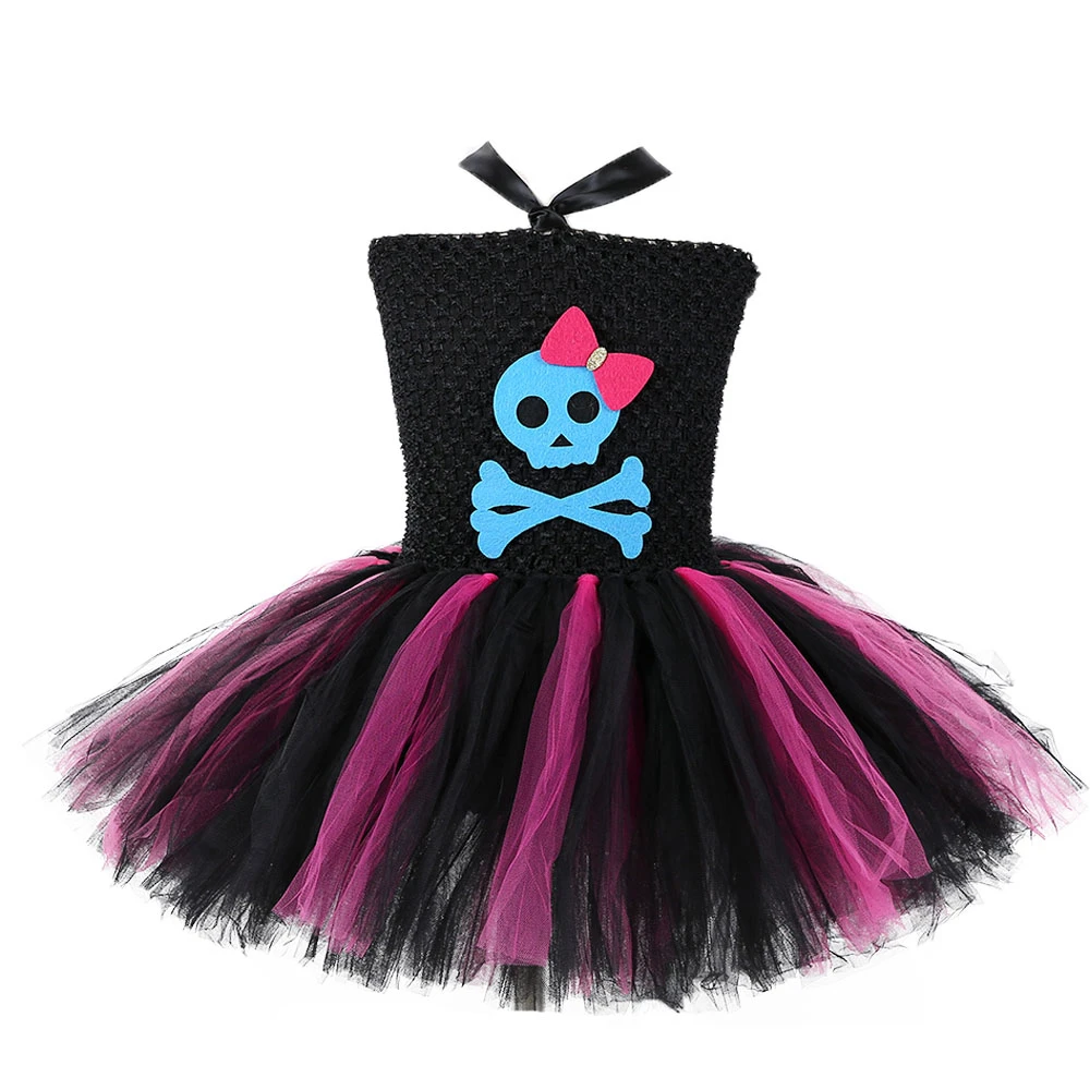 Платье-пачка для девочек Черное и ярко-розовое с изображением черепа | Детская