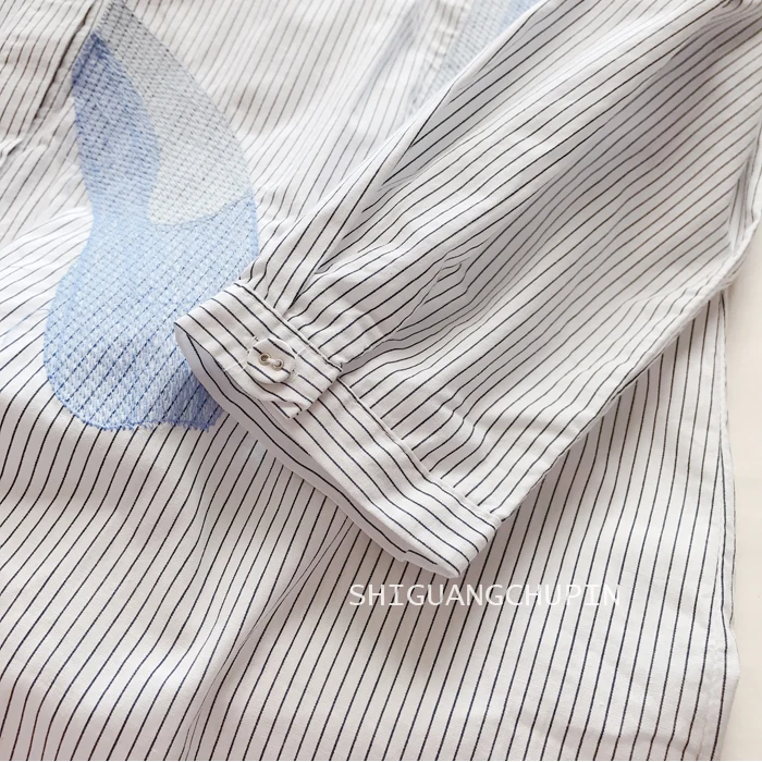 

2020 New Autumn Women Blouse Japan Style Literary Thin Stripe Color Embroidery Loose Cotton Turndown Collar Long Sleeve Shirt