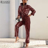 stylish women pu leather jumpsuits zanzea autumn lapel neck long sleeve rompers solid long playsuits casual ol harem trousers
