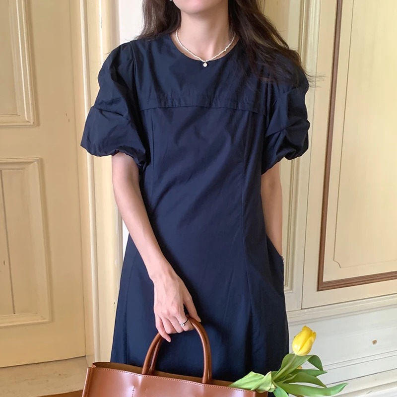 

KUSAHIKI Causal Double Pockets Woman Dress Korean Puff Sleeve O-neck Dresses Elegant Slim Waist A-line Vestido Feminimos 6H512