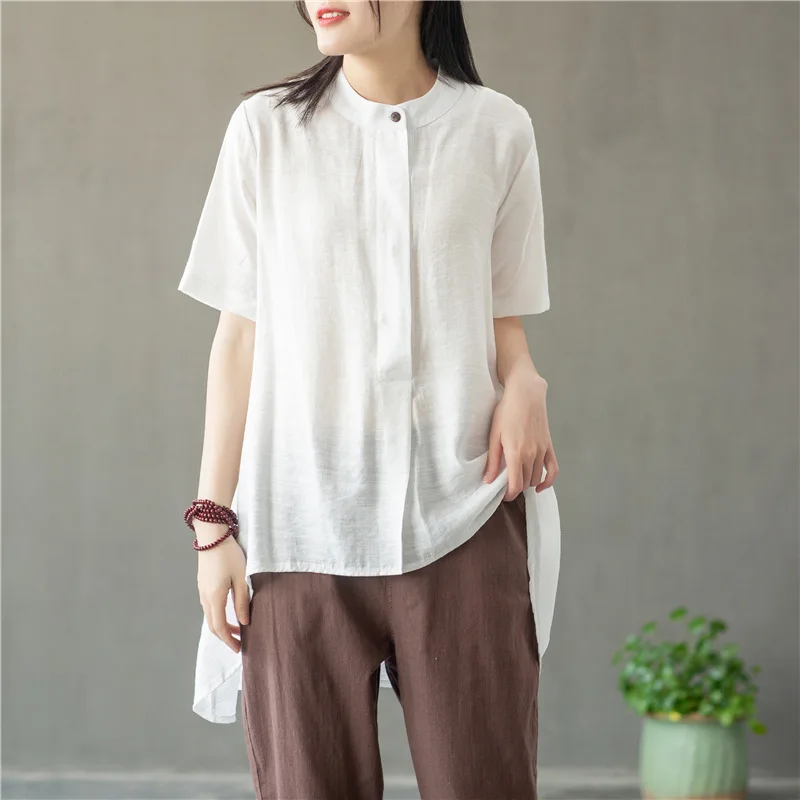 

2021 Summer Fashion New Products Literary Large Size Stand-up Collar Short Sleeve Irregular Loose Shirt Top Trend 435