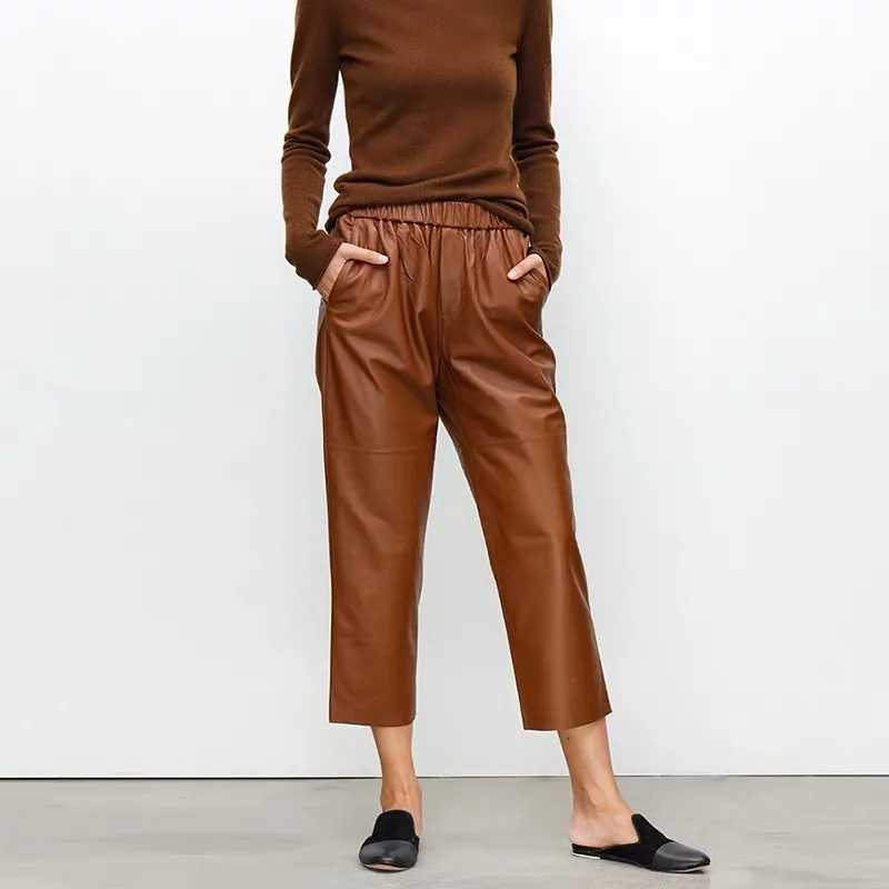 Женские шаровары из натуральной кожи уличная одежда с высокой талией черные