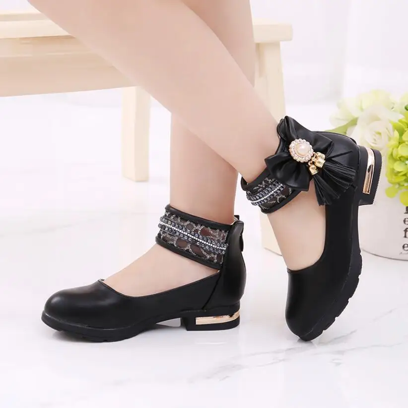 Детская обувь для девочек бант Стразы кожаные туфли платье старших школьниц с