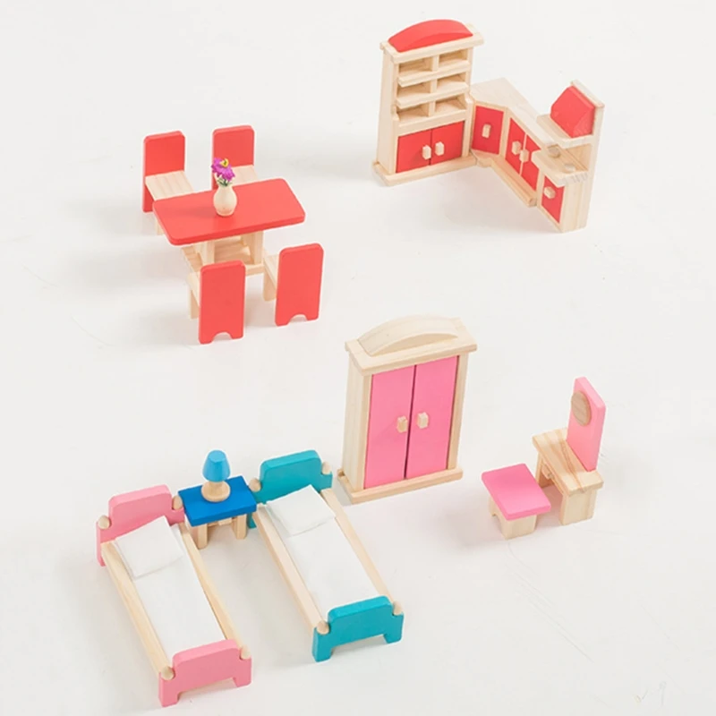 

1Set Girls Toy Gift for Toddler Dollhouse Furniture Set with Model Bed Sofa Closet Dining-Table Interactive Play House