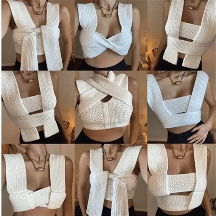 

Lace Up Knitted Bandage Tank Top Young Street Clothes Women Sexy Outwear Casual Corset Tees 2021 Summer Crop Tops Femme