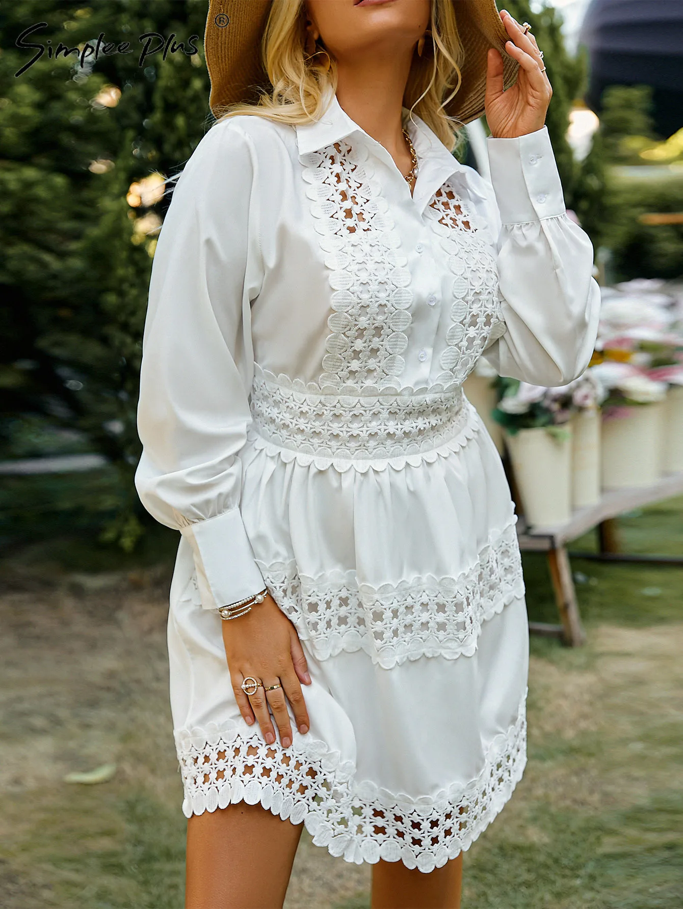 

Платье Simplee женское с длинным рукавом, элегантное модное ТРАПЕЦИЕВИДНОЕ Хлопковое платье с отложным воротником и вышивкой, однотонное плат...