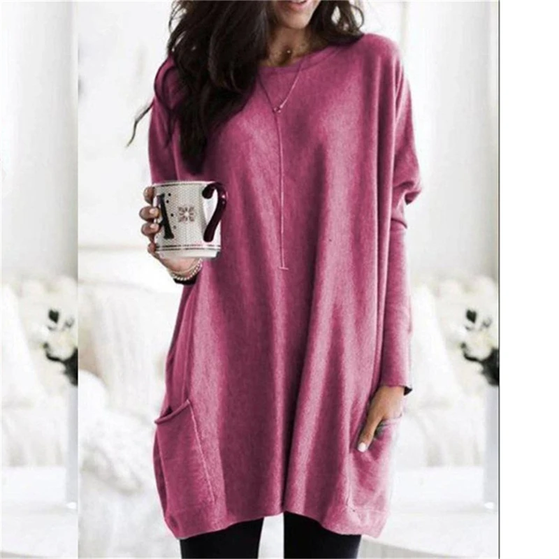 

Women Solid Color with Pocket Casual Round Neck Long Sleeves Plus Size Loose Cotton Long Sweatershirt