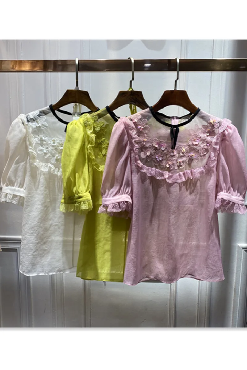 

Europe Station Women's Clothing Summer 2021 New Women's Simple Solid Color Flower Lace Embroidery Back Zipper Short Sleeve Top