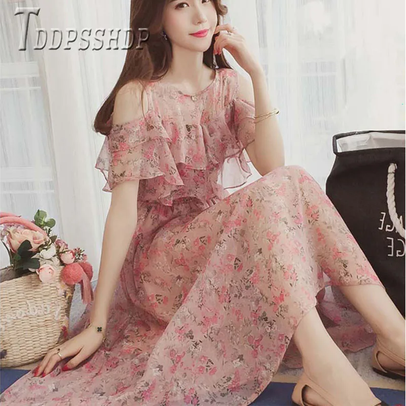 

2019 Summer Chiffon Women Dress Ruffles Floral Female Dresses