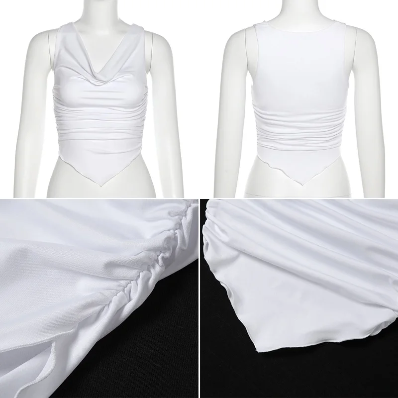 

White Black Ruched Tank Top Women Sexy Asymmetrical Sleeveless Crop Top Fashion Casual Summer Tops Clubwear