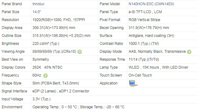 N140HCN-E5C Rev C1 14, 0 FHD IPS  -   DPN 06WW5K EDP 40pin