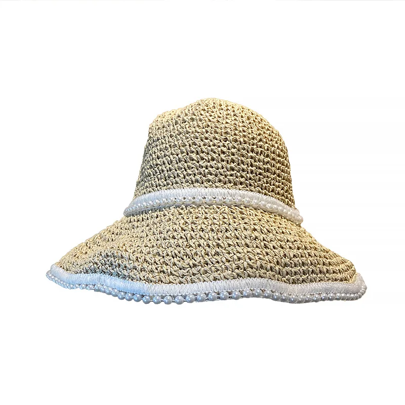 

Shade Hats for Women Summer Sun Bucket Hat Girl Outside Travel Straw Cap Casual Beach Panama Straw Hat Pearl Foldable Vintage