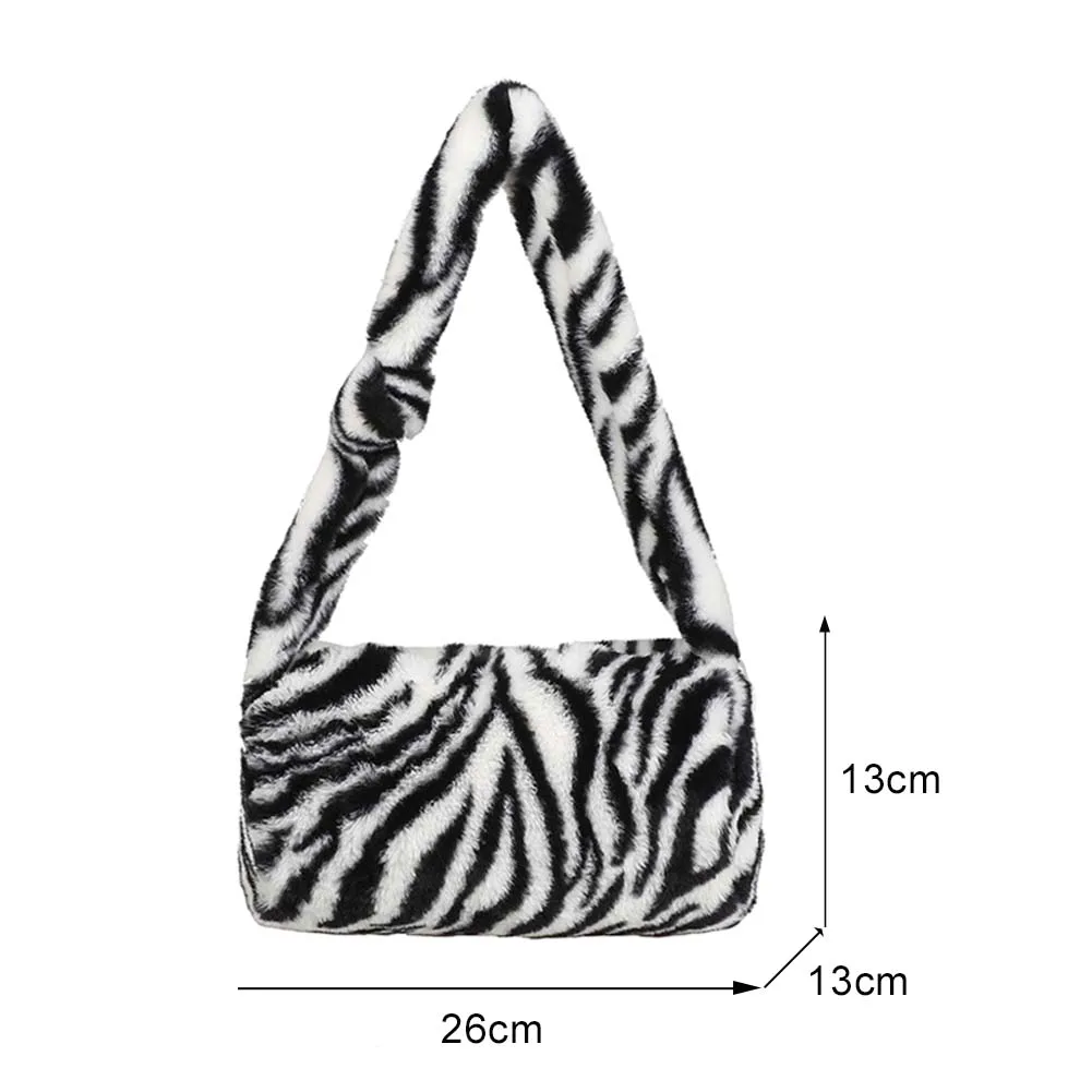 

Casual Cow Zebra Printed Female Handbag Fashion Women Cylinder Shoulder Pillow Bag Autumn Winter Soft Plush Street Travel Purse