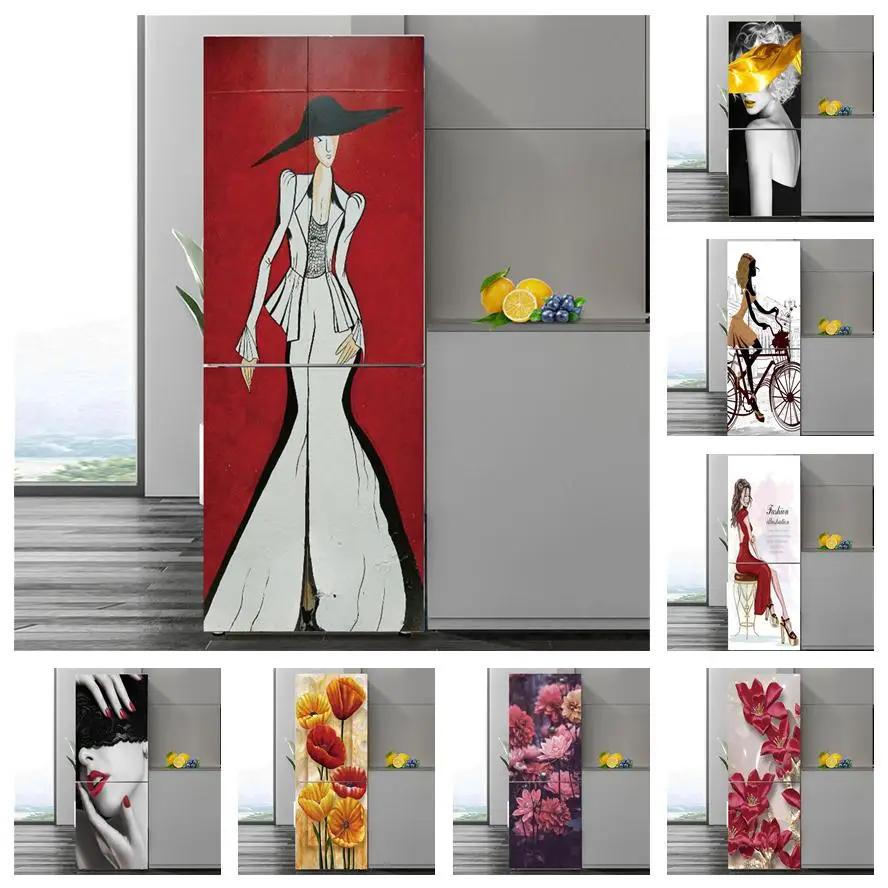 Modern Girl 3D Wall Sticker For Fridge Peel& Stick Vinyl Flower Poster Removable Door Cover Wallpaper Decal Furniture Home Decor