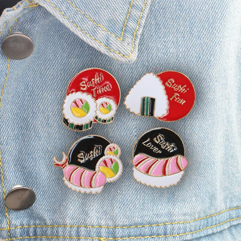 Cartoon Fun Food Enamel Brooch Salmon Sushi Seaweed Rice Ball Pin Custom Alloy Badge Cowboy Clothes Bag Accessories Jewelry Gift
