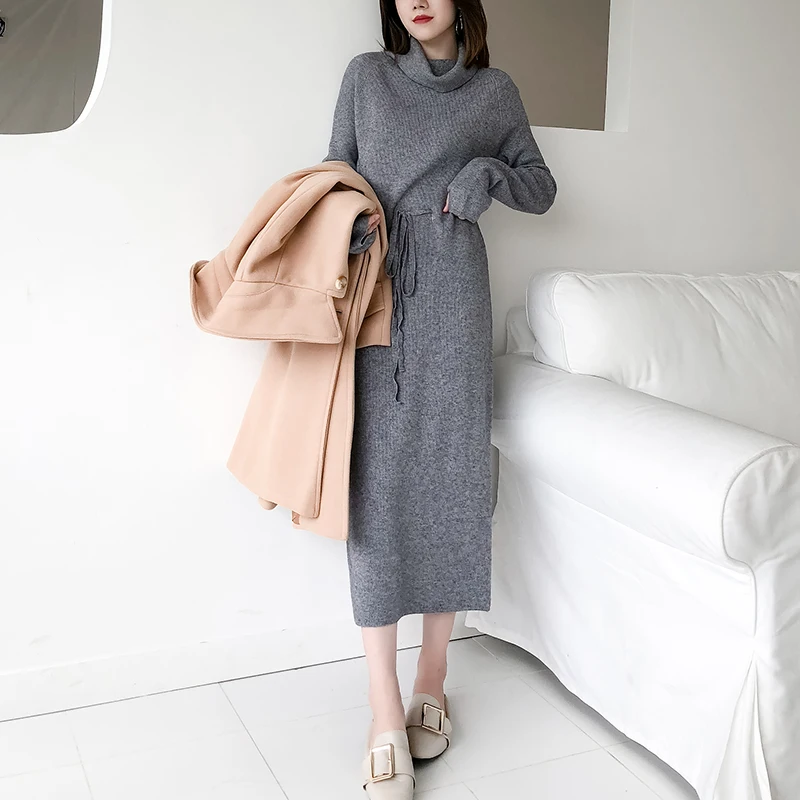 

Winter Turtleneck Sweater Dress Women Lace Up Knitted Long Dress Female Knitwear Full Sleeve Soft Vestidos 2020 High Quality