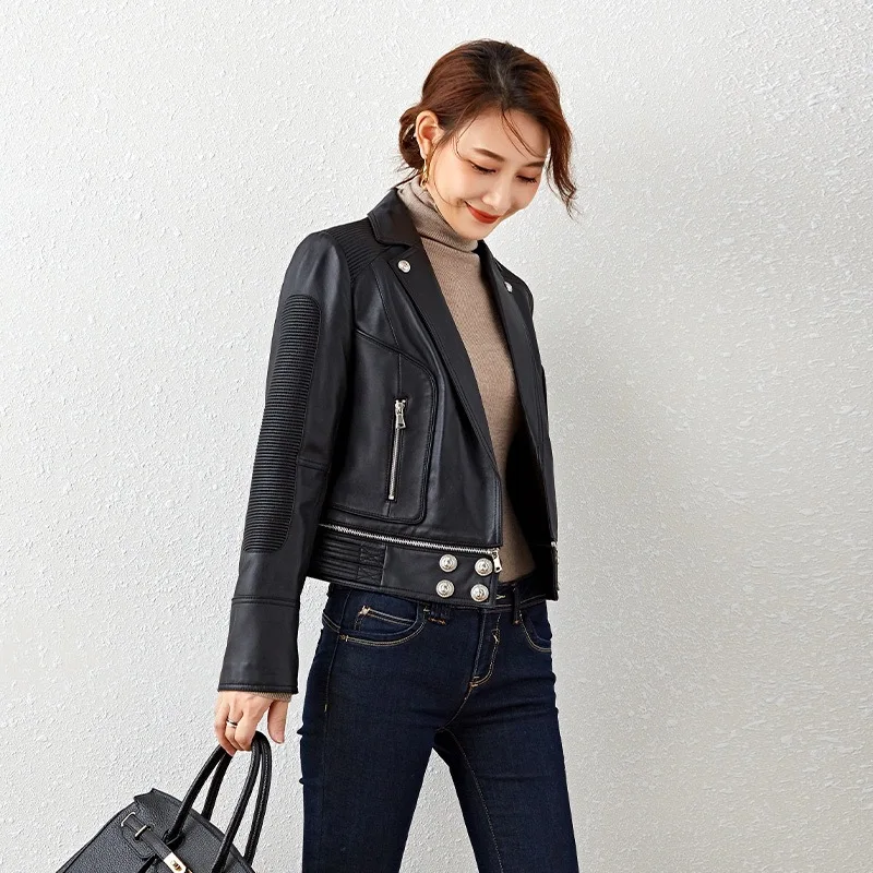 Abrigo de cuero de oveja auténtico para mujer, piel de oveja auténtica, chaqueta ajustada industrial pesada para motocicleta, ropa de moda