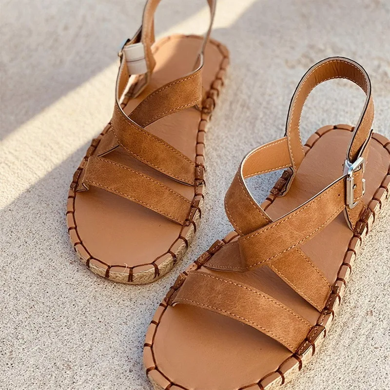 

Dropshipping 2021 Summer Shoes Woman Outdoor Cross Sandals Rome Shoes Mid-heel Soft Bottom Comfortable Falts Sandalias Shoes