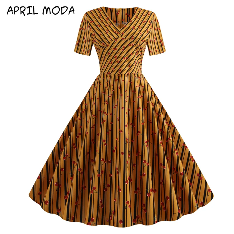 

2020 Green Plaid 50S Vintage Pinup Dress V Neck High Waist Slim Elegant Short Sleeve Floral Print Women Party Summer Dresses