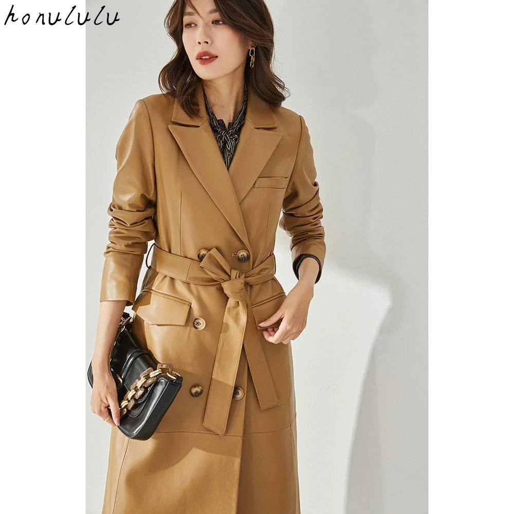 

2021 autumn and winter new sheepskin soft front shoulder suit collar mid-length leather coat windbreaker women