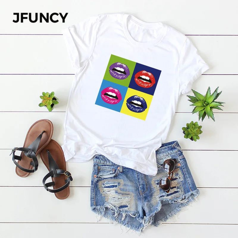 JFUNCY сексуальная летняя женская футболка с принтом губ коротким рукавом Harajuku