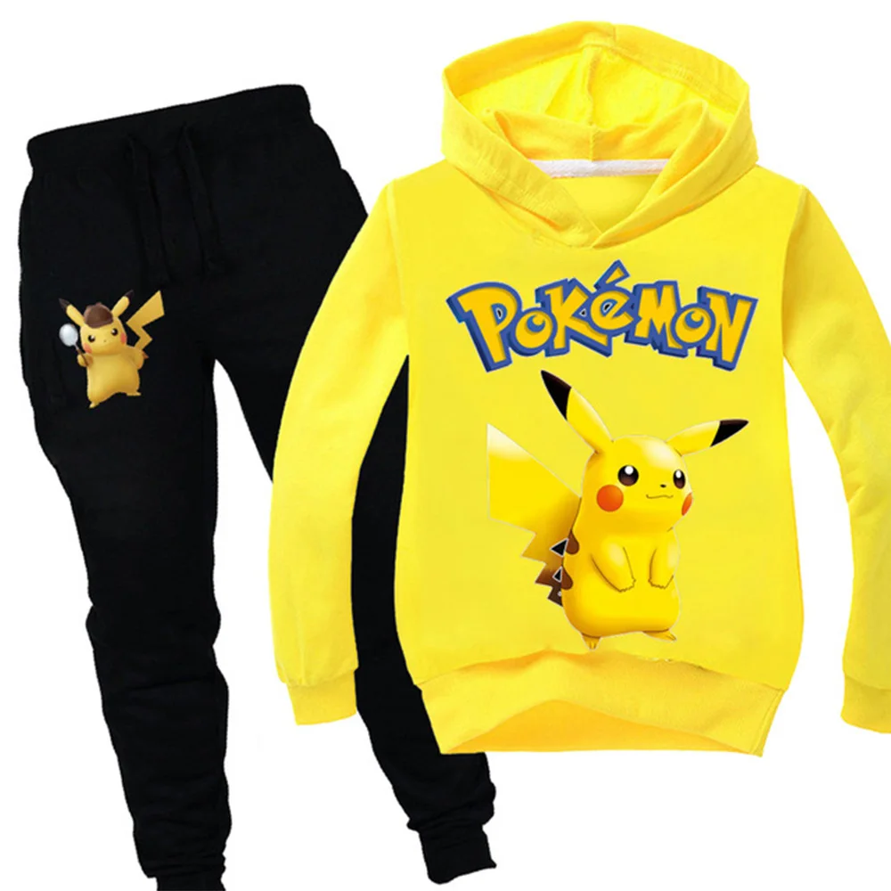 POKEMON GO Detective Pikachu/детская одежда для мальчиков и девочек осенний Свитшот комплект из 2 предметов, хлопковые спортивные толстовки с длинными рукавами и рисунком, Комплект футболок - Цвет: 991yellow