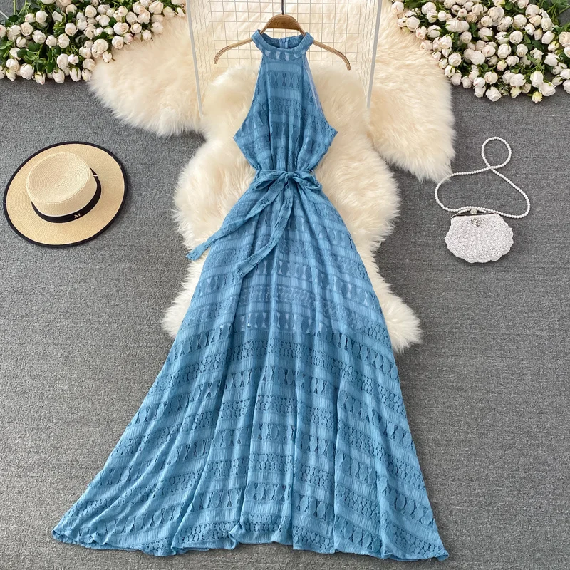 

Пляжное платье, летнее кружевное платье с лямкой на шее и открытыми плечами