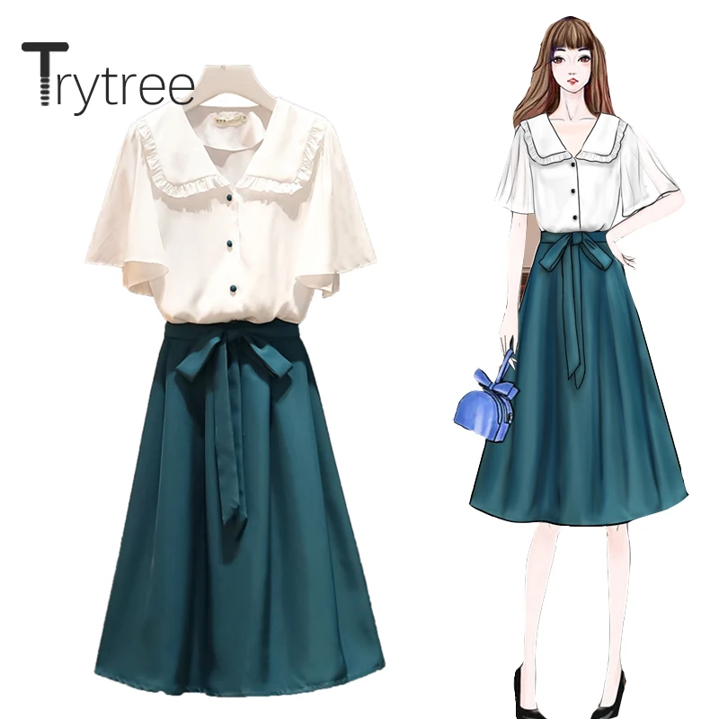

Летний женский комплект из двух предметов Trytree 2020, повседневный однобортный Свободный Топ с круглым воротником и юбка с поясом, Модный компл...