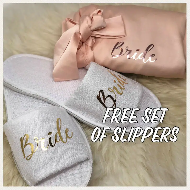 Silk Satin Robes & Wedding Slipper Bridesmaid Bride Robes Lace Trim Plus Size Women Bathrobe Sleepwear Lingerie Robe