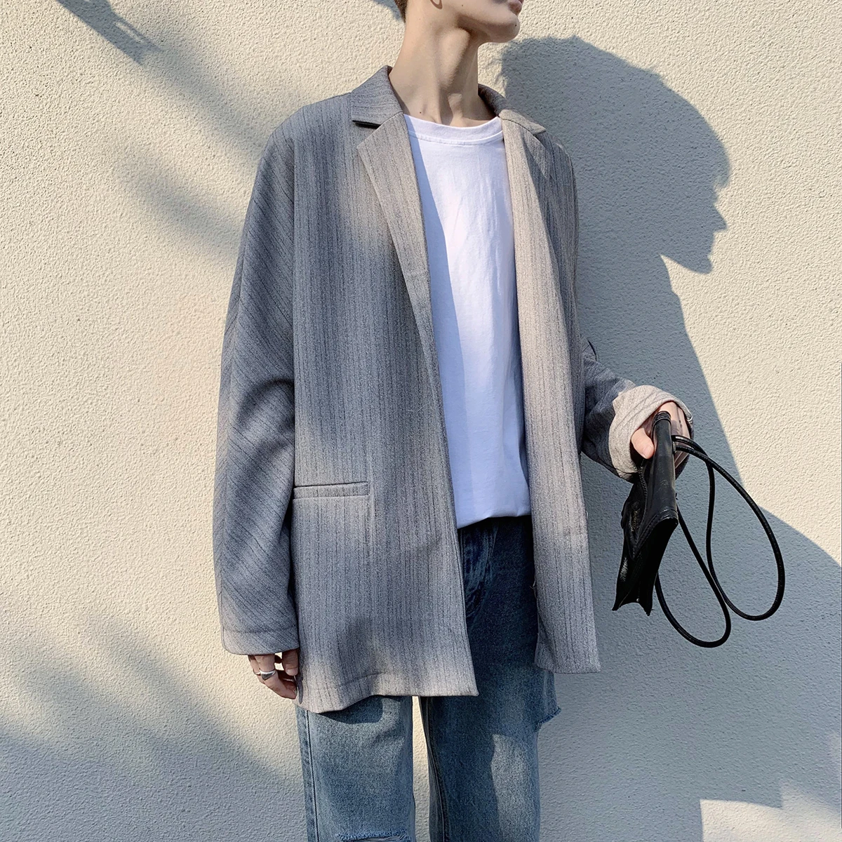 Hongkong Autumn Men Blazer Black Oversized Blazer Masculino Yuppie Style Men Blazer hombre - Цвет: Light Grey
