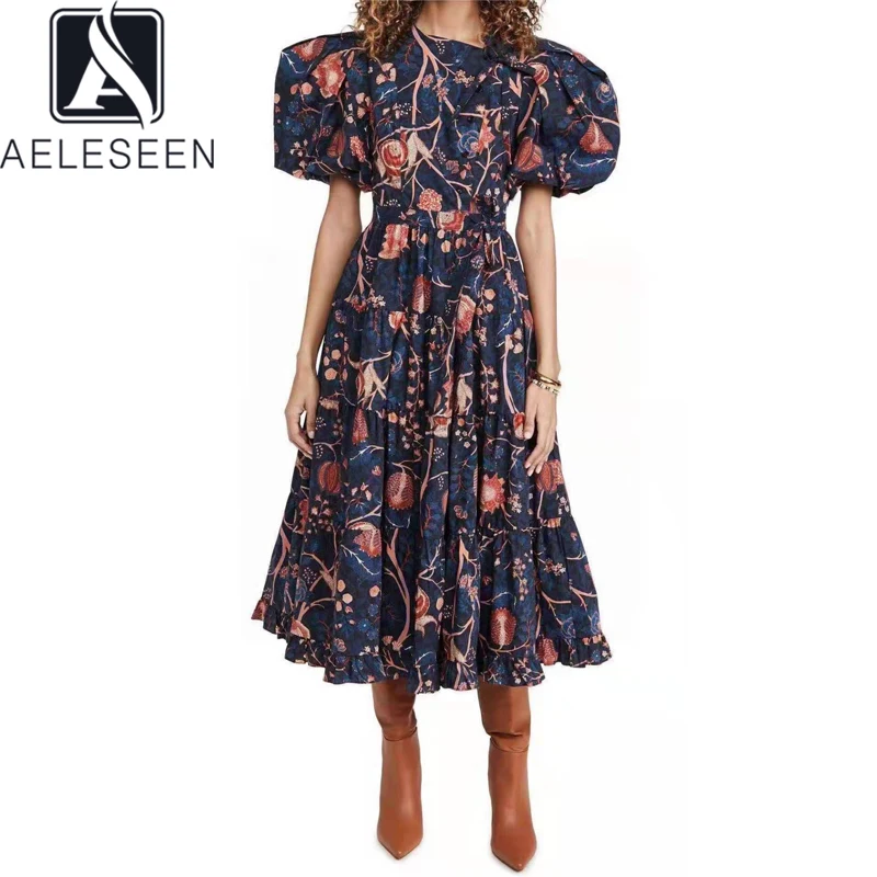 

AELESEEN Runway Fashion Summer Women Dress 2021 Puff Sleeve Flower Print Blue Elegant Long Party Holiday Dress