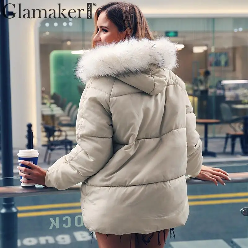 Glamaker сексуальный зимний теплый пуховик с капюшоном женский меховой воротник карман свободный пуховик уличная мягкая стеганая куртка