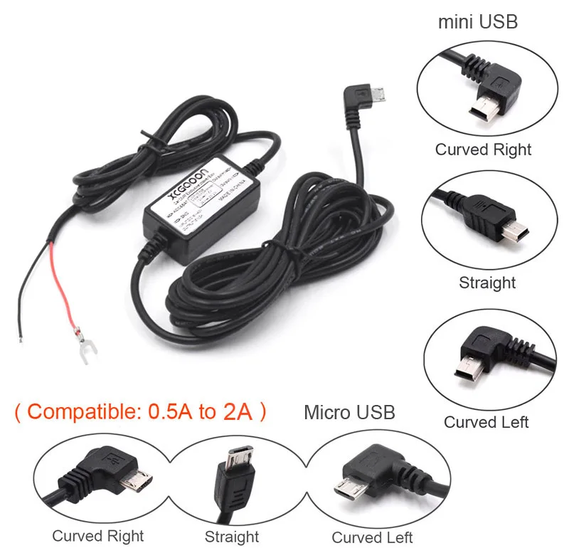 XCGaoon DC 12 В до 5 В 2 а 3,5 м автомобильный зарядный кабель мини/микро USB жесткий провод шнур автоматическая зарядка для видеорегистратора автомобиля DVR