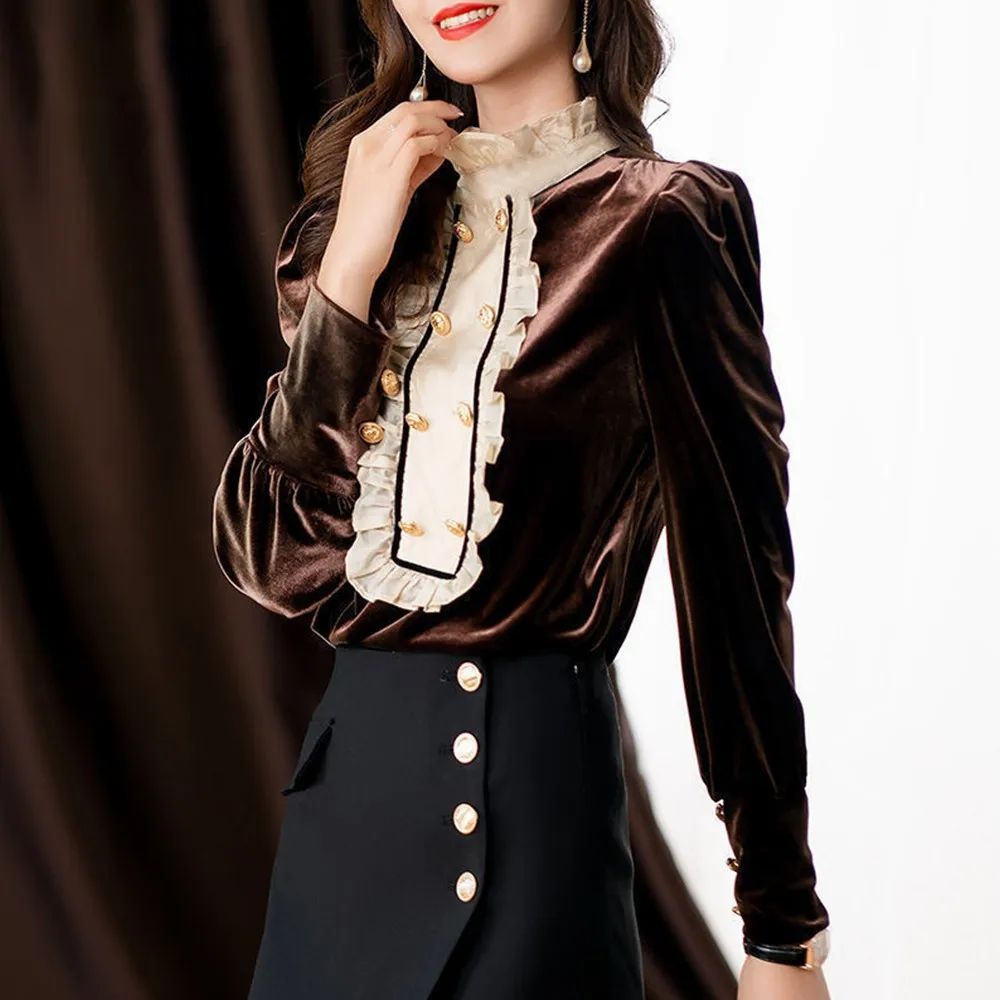 

Women Vintage Velvet Blouse Casual Stand Collar Double Breasted Puff Long Sleeve Brown/Black Shirt Female Spring Autumn New 2020