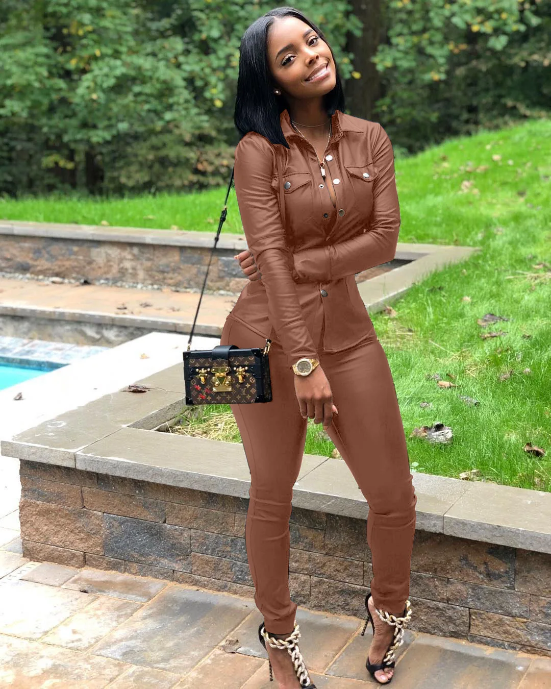 

European and American women's hot selling leather cardigan sports suit