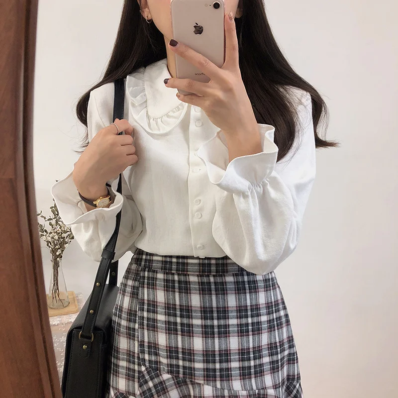 

Women Blouses Long Flare Sleeve Peter Pan Collar Korean Preppy Students Sweet Teens Casual White Shirts Tops