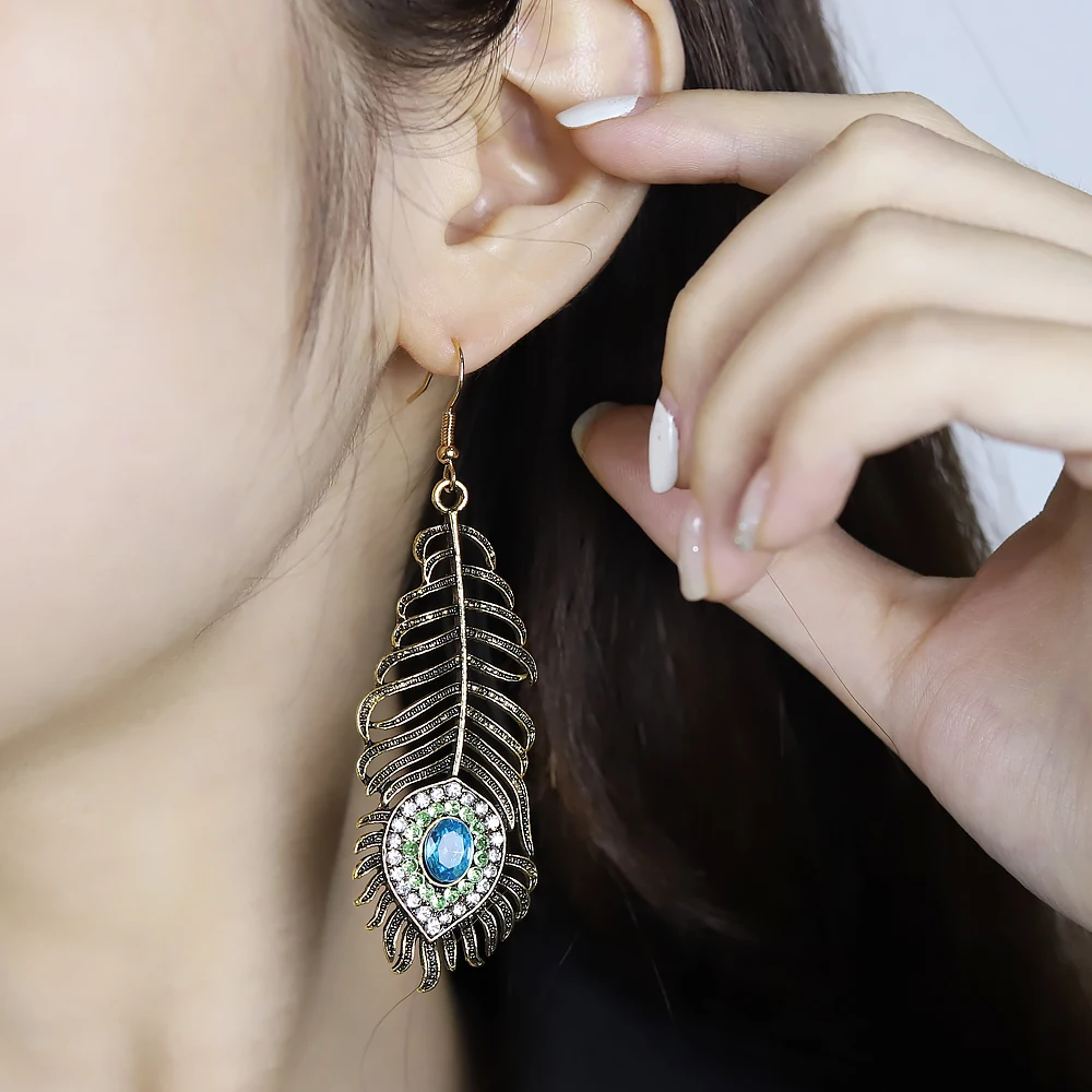 

New Fashion Bohemia Ethnic Blue Rhinestone Peacock Eye Drop Earrings for Women Vintage Dangle Earrings Jewelry Accessories Sale