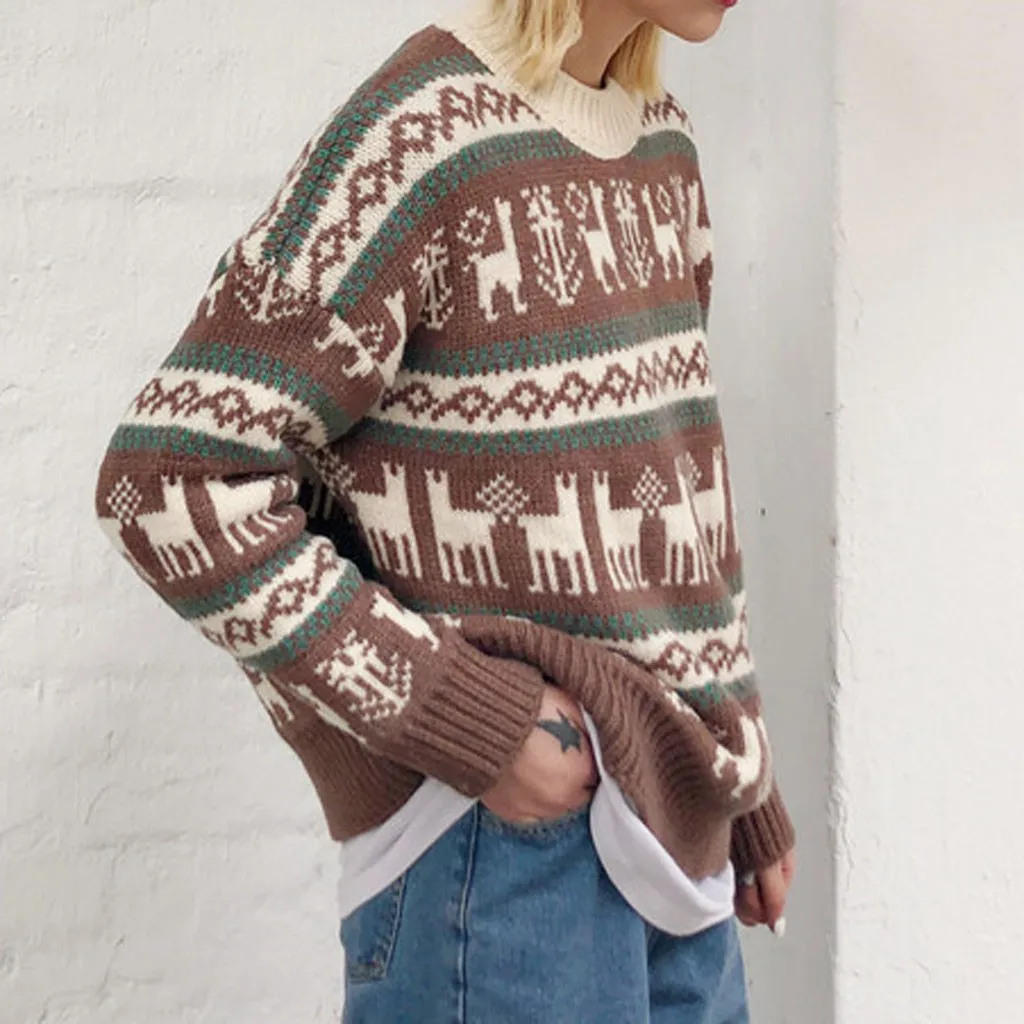 Женский Рождественский свитер вязаный пуловер с круглым вырезом и длинным