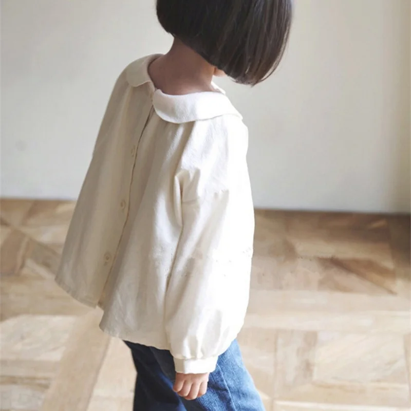 Camisas de estilo coreano para ni&ntilde;os y ni&ntilde;as, Blusa de manga larga con cuello Peter Pan de Color s&oacute;lido, Tops informales, ropa para ni&ntilde;os E72, novedad de Oto&ntilde;o de 2021-3
