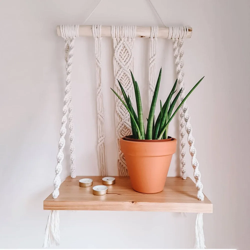

Macrame Hanging Planter Basket Hanger Hand-Woven Floating Wooden Shelves Bohemian Tapestry Rack For Living Room Home Decor