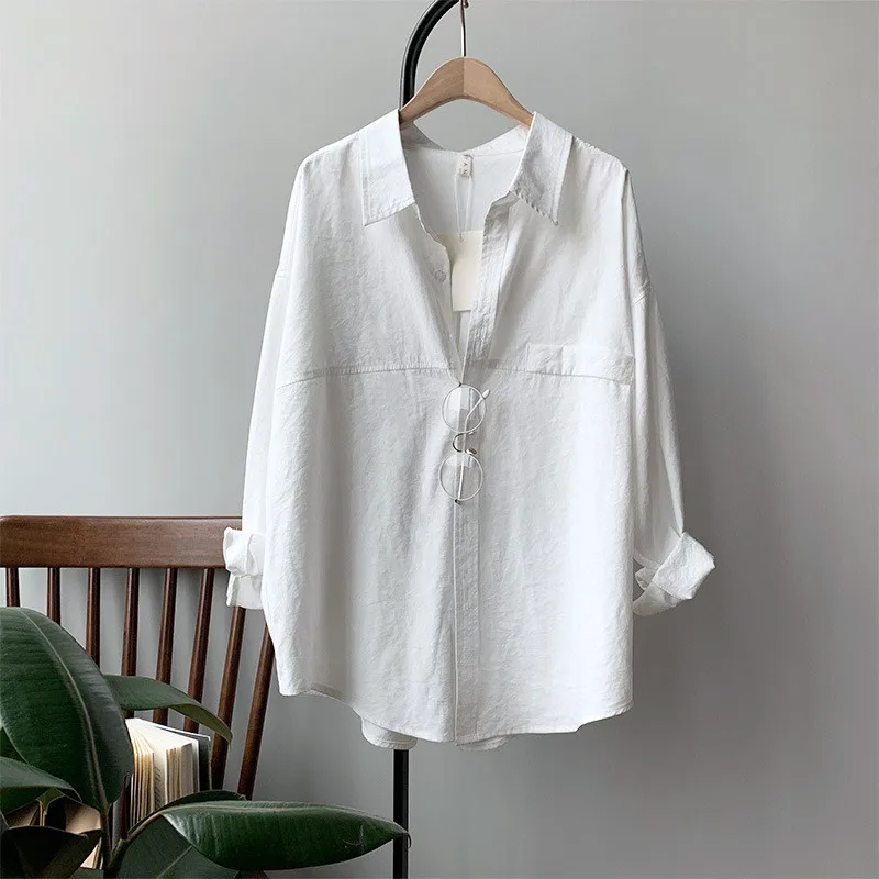 

Loose White Shirts for Women Turn-down Collar Solid Female Shirts Tops 2021 Spring Summer Blouses