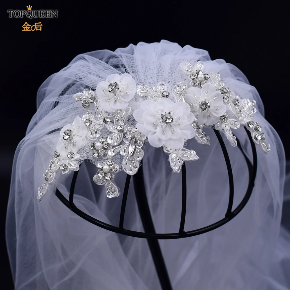 

Фата свадебная TOPQUEEN VS358, короткая Тюлевая с вышивкой, с кристаллами, ручной работы, с расчёской, для невесты