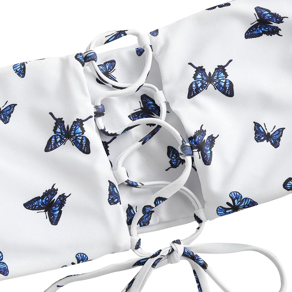 ZAFUL Butterfly Print Lace Up Bandeau Bikini Swimwear Strapless Padded Bikinis Set Wire Free Women Swimwears Sexy Swimsuit 2020