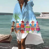 Plus Size Beach Shirt Dress Women Print V-neck Long Sleeve Loose Dress Bohemian Beach Party Vestidos Robe Sundress