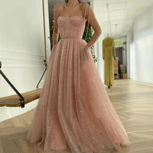 Robe De bal longue en Tulle pour filles, tenue De soirée élégante et brillante, avec bretelles fines, fermeture éclair au dos, ligne A, 2021  (2)