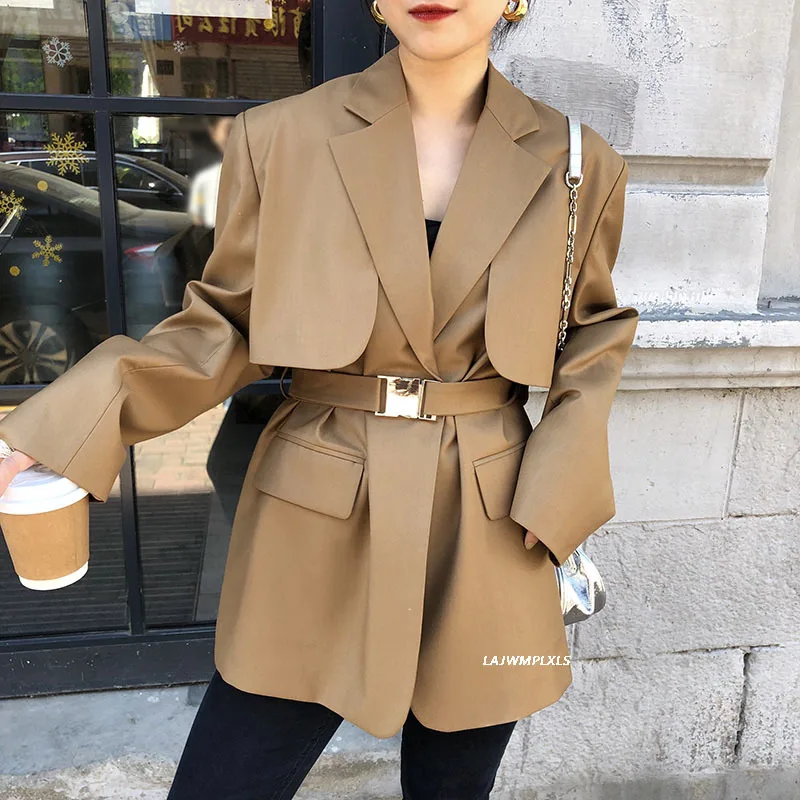 

Spring Autumn 2022 New Women's Korean Blazer Khaki with Belt Vintage Fashion Long Sleeve Large Size Suit Coat