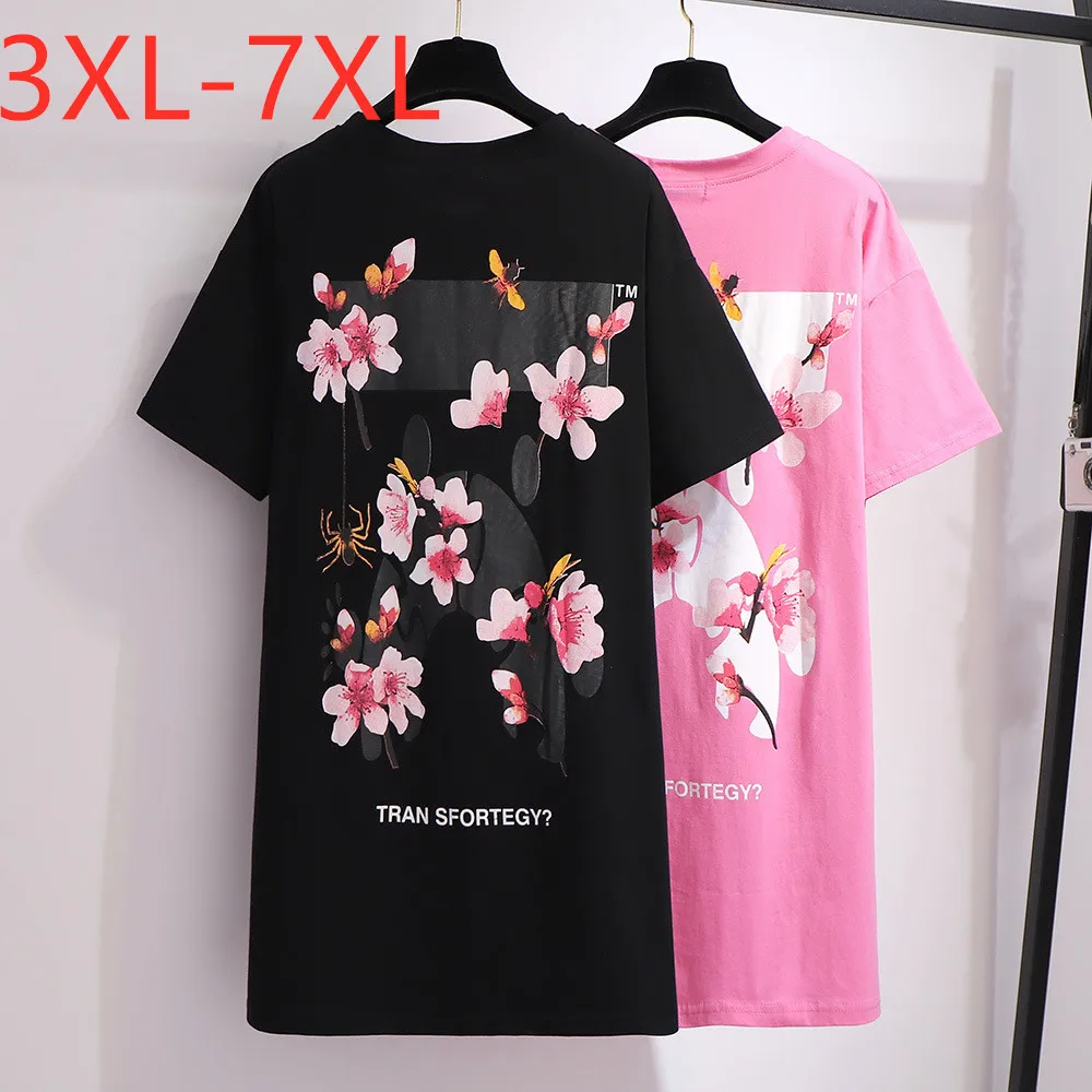

Missfansiqi размера плюс 4XL 5XL 6XL 7XL новая свободная черная розовая хлопковая длинная футболка с цветочным принтом и коротким рукавом