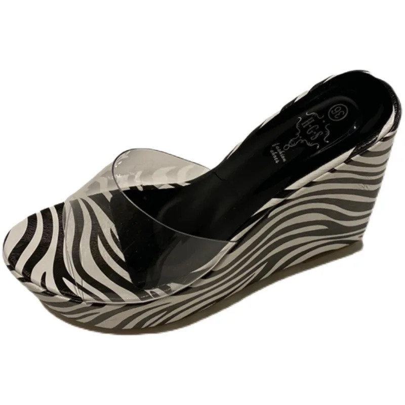 

LEOPARD LAND Summer High-heeled Fish Mouth Wedge Sandals Transparent Zebra Pattern Color Matching Platform Women's Slippers JXQ