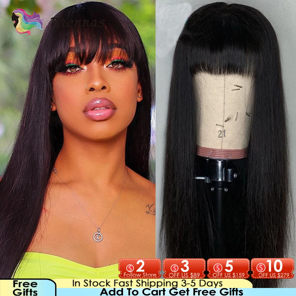 

Wigs With Bangs Human Hair Long Straight Natural Color Full Machine Made Wigs Indian Remy Hair For Black Women Glueless Wig