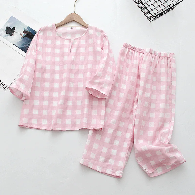 

New Spring/summer Cotton Home Service Set Round Neck Cropped Sleeve Pajamas Cropped Trousers Plaid Pjamas for Women Pyjama Homme